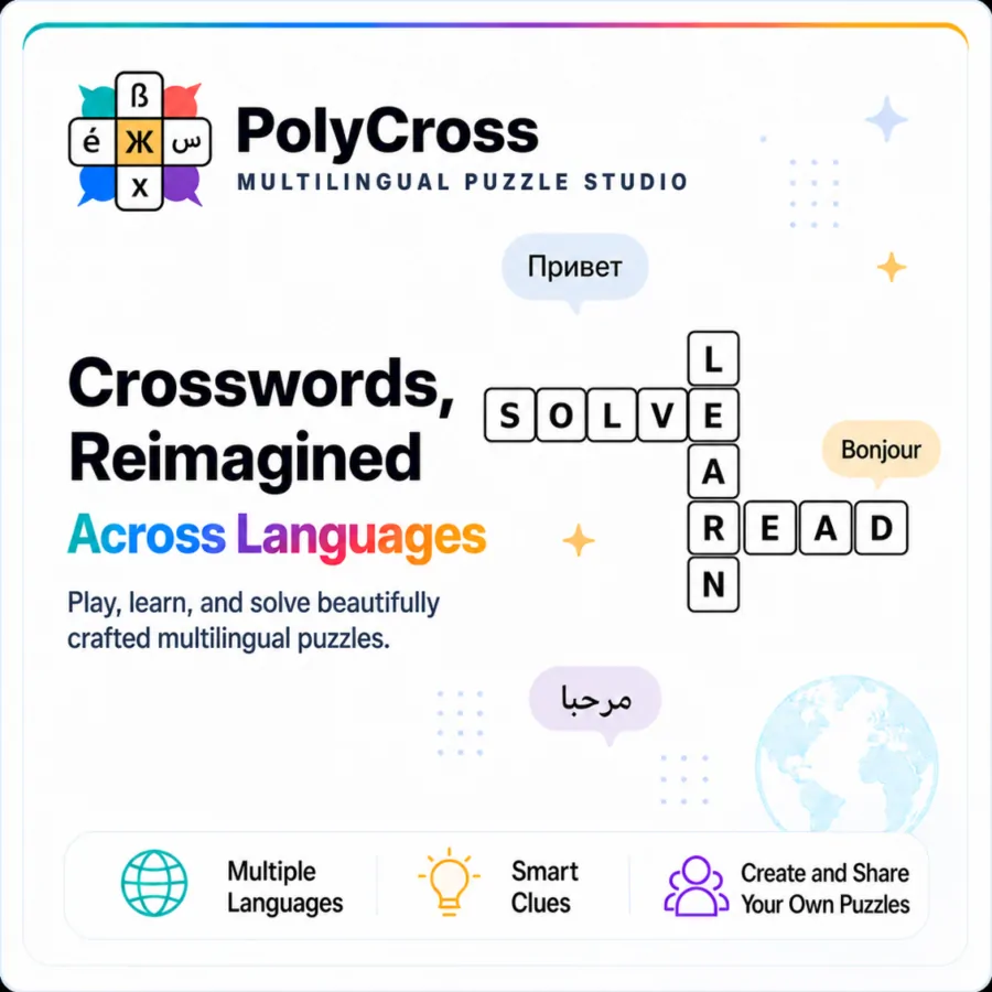 PolyCross multilingual puzzle studio banner